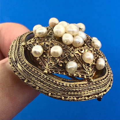 Victorian 14K Yellow Gold Seed Pearl Collar Mourning Statement Pendant Brooch