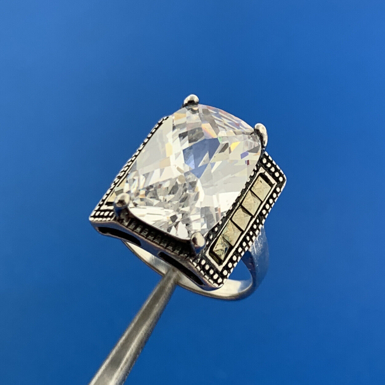 Designer 925 Sterling Silver Rectangle Cubic Zirconia Marcasite Statement Ring