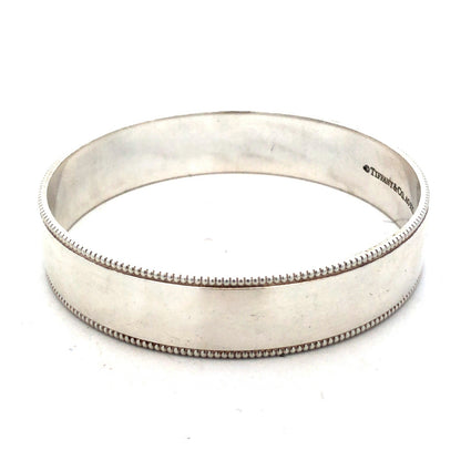 Tiffany & Co 925 Sterling Silver Ribbed Milgrain Polished Wide Bangle Bracelet