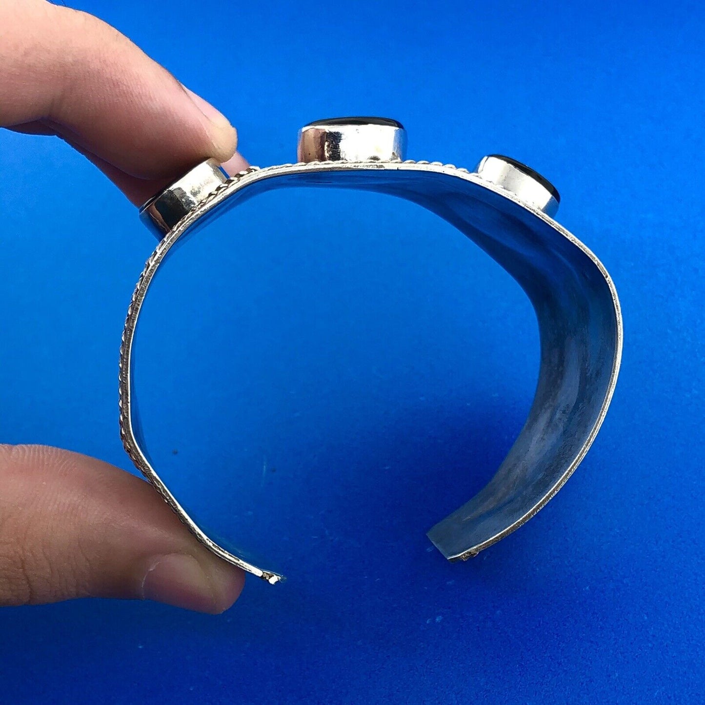 Estate 925 Sterling Silver Black Onyx Cabochon Wheat Scroll Wide Cuff Bracelet