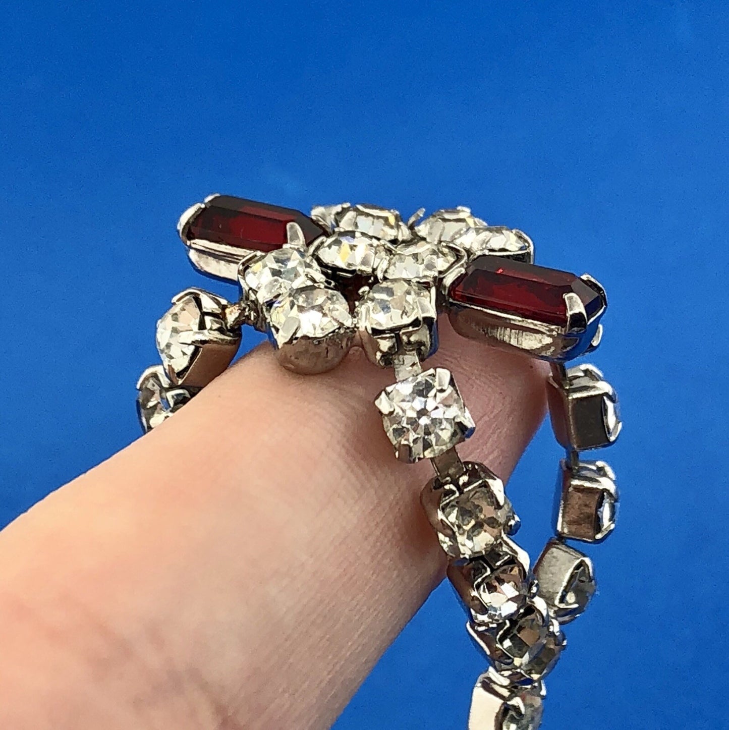 Vintage Silver Tone Rectangle Red Round White Rhinestone Valentine Bracelet
