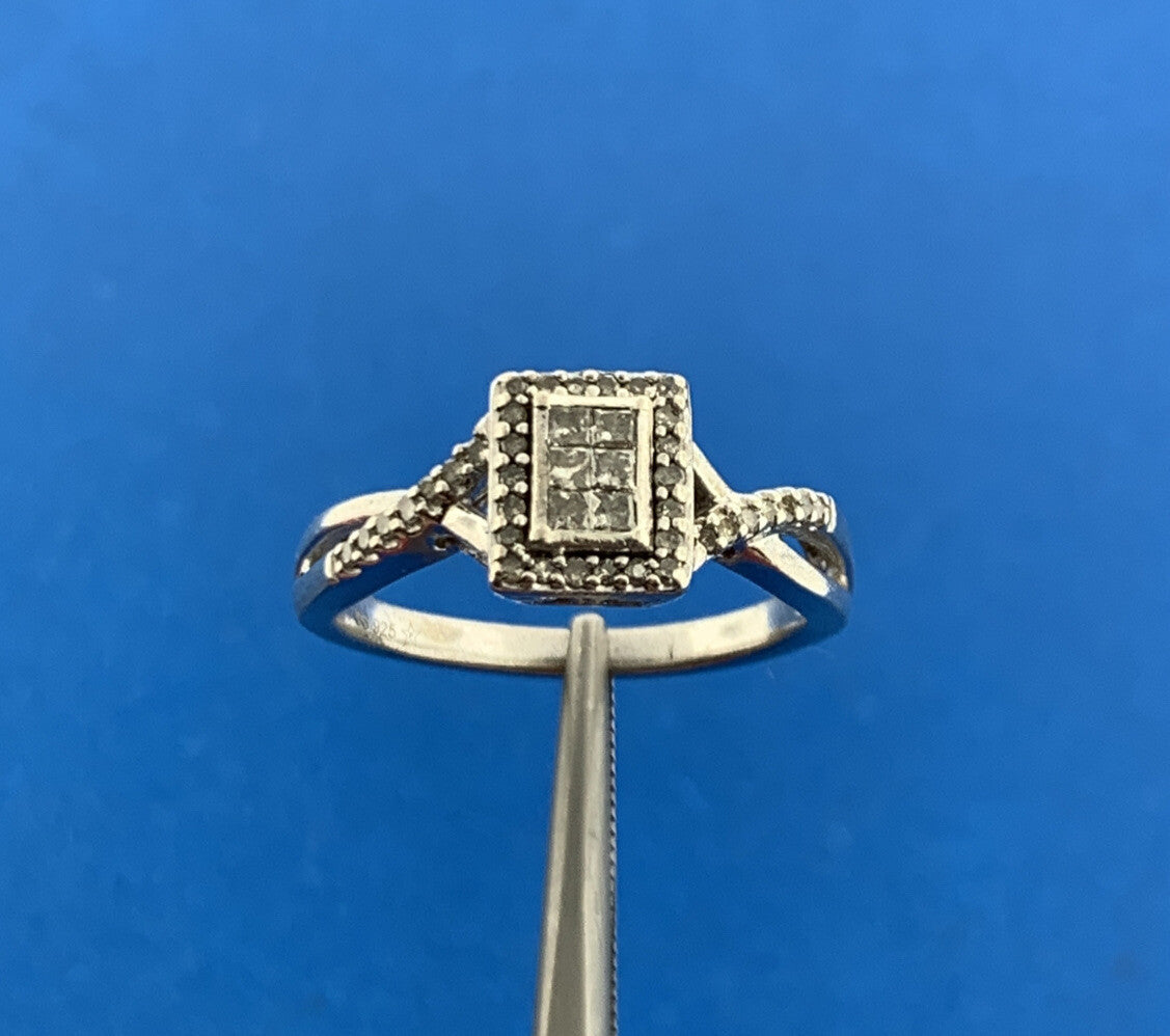 Designer 925 Sterling Silver Princess Diamond Top Halo Accented Engagement Ring