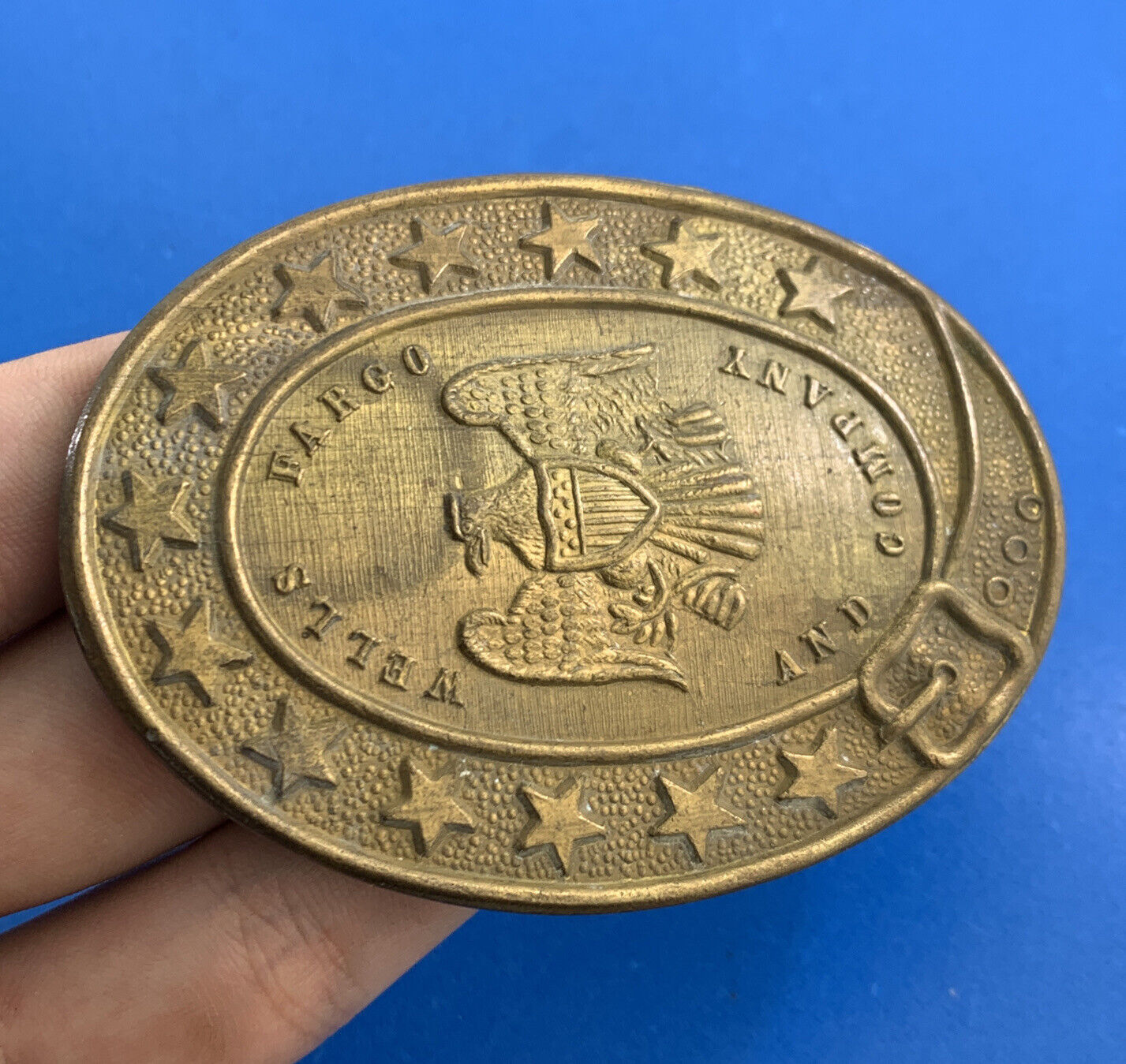 Montauk Silver Co Wells Fargo And Company Heraldic Eagle Oval Brass Belt Buckle