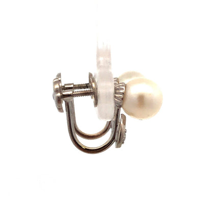 Estate 14K White Gold Round White Pearl Diamond Accent Screw Clip-on Earrings