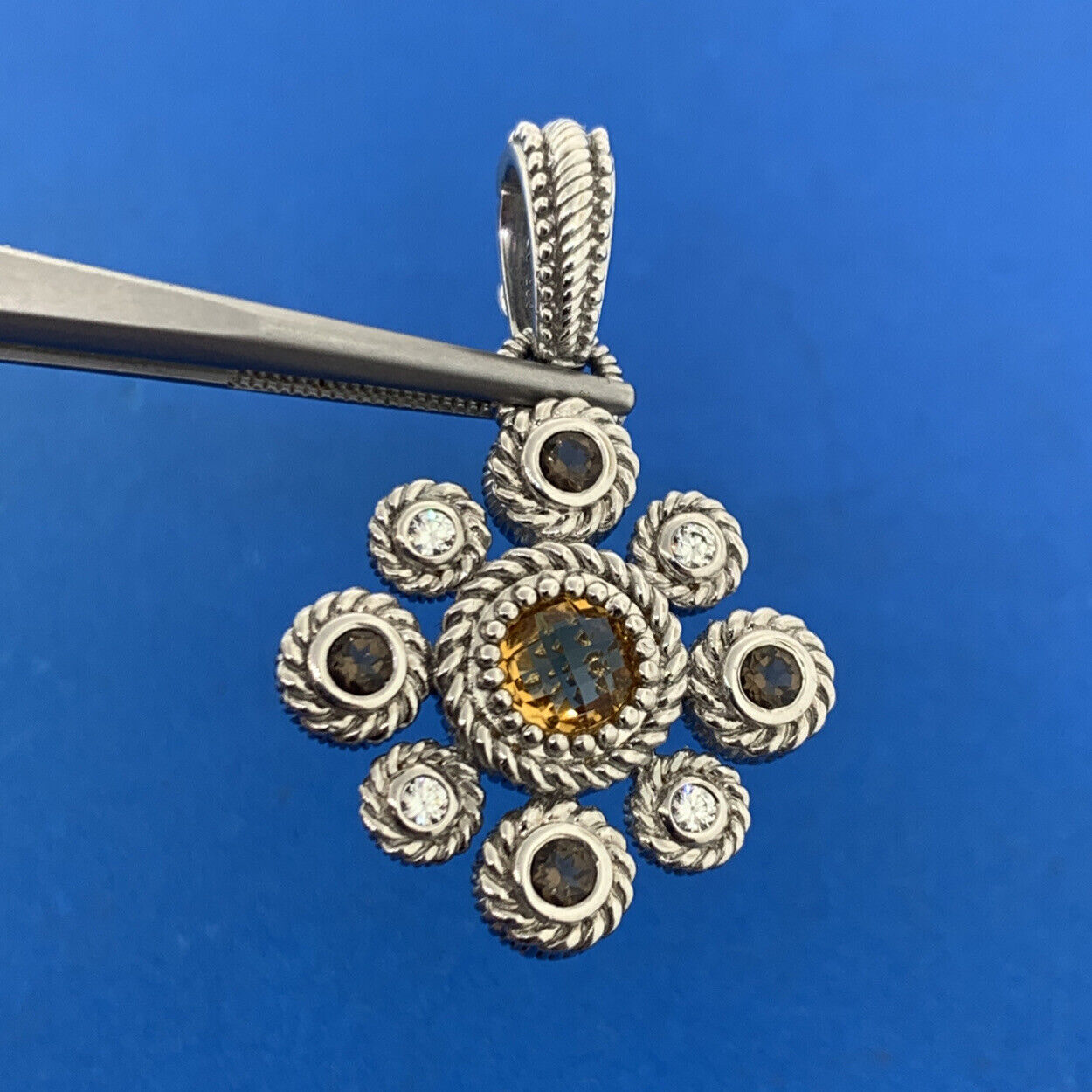Judith Ripka 925 Sterling Silver Citrine Diamonique CZ Floral Enhancer Pendant