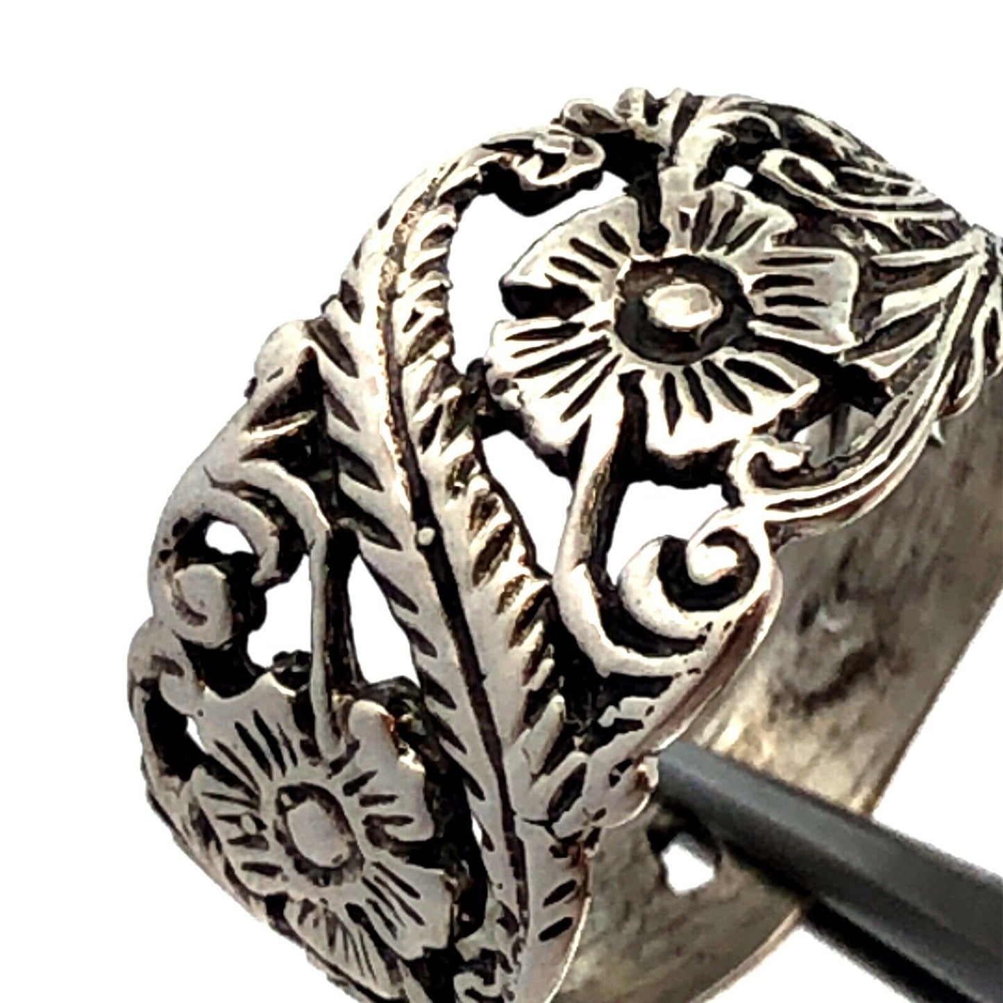 Estate 925 Sterling Silver Floral Flower Vines Nature Open Work Wide Band Ring