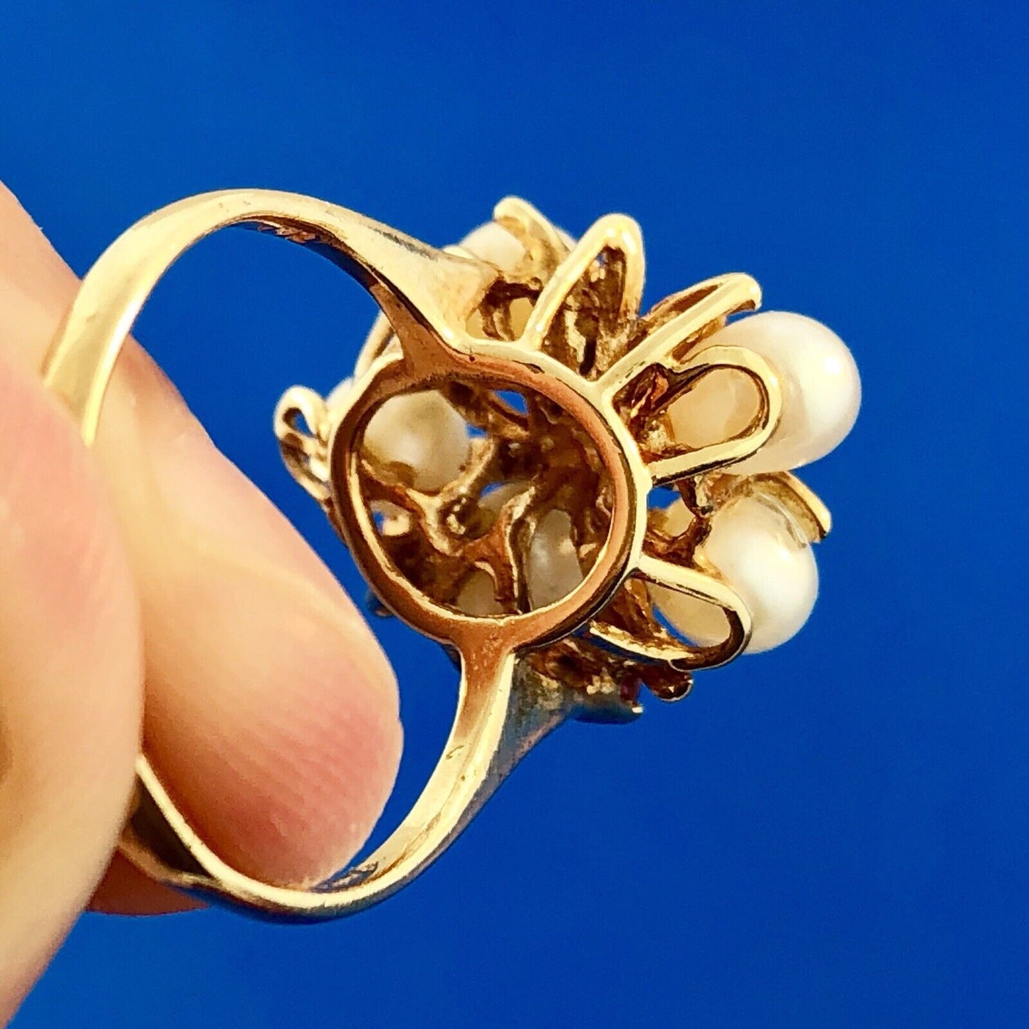 Vintage 14k Yellow Gold Ruby Pearl Cluster Modernist Free Form Cocktail Ring