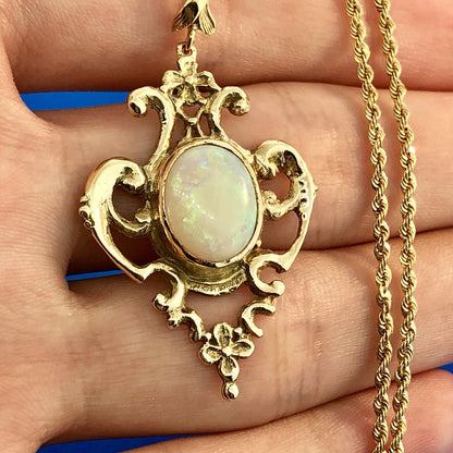 Vintage 14K Yellow Gold Opal Open Scroll Work October Statement Pendant Necklace