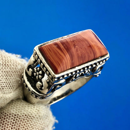 Sterling Silver 925 Red Banded Jasper Scroll Bead Work Statement Bar Dome Ring