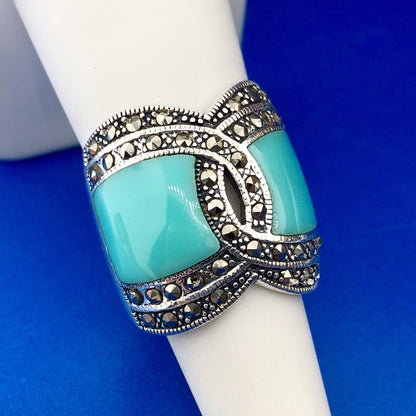 Designer Barse 925 Sterling Silver Turquoise Enamel Marcasite Statement Ring