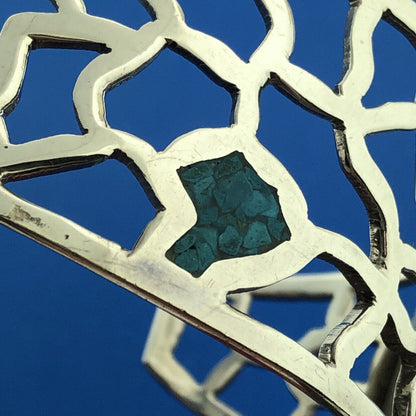Vintage Taxco TE-01 925 Sterling Silver Turquoise Inlay Open Work Cuff Bracelet