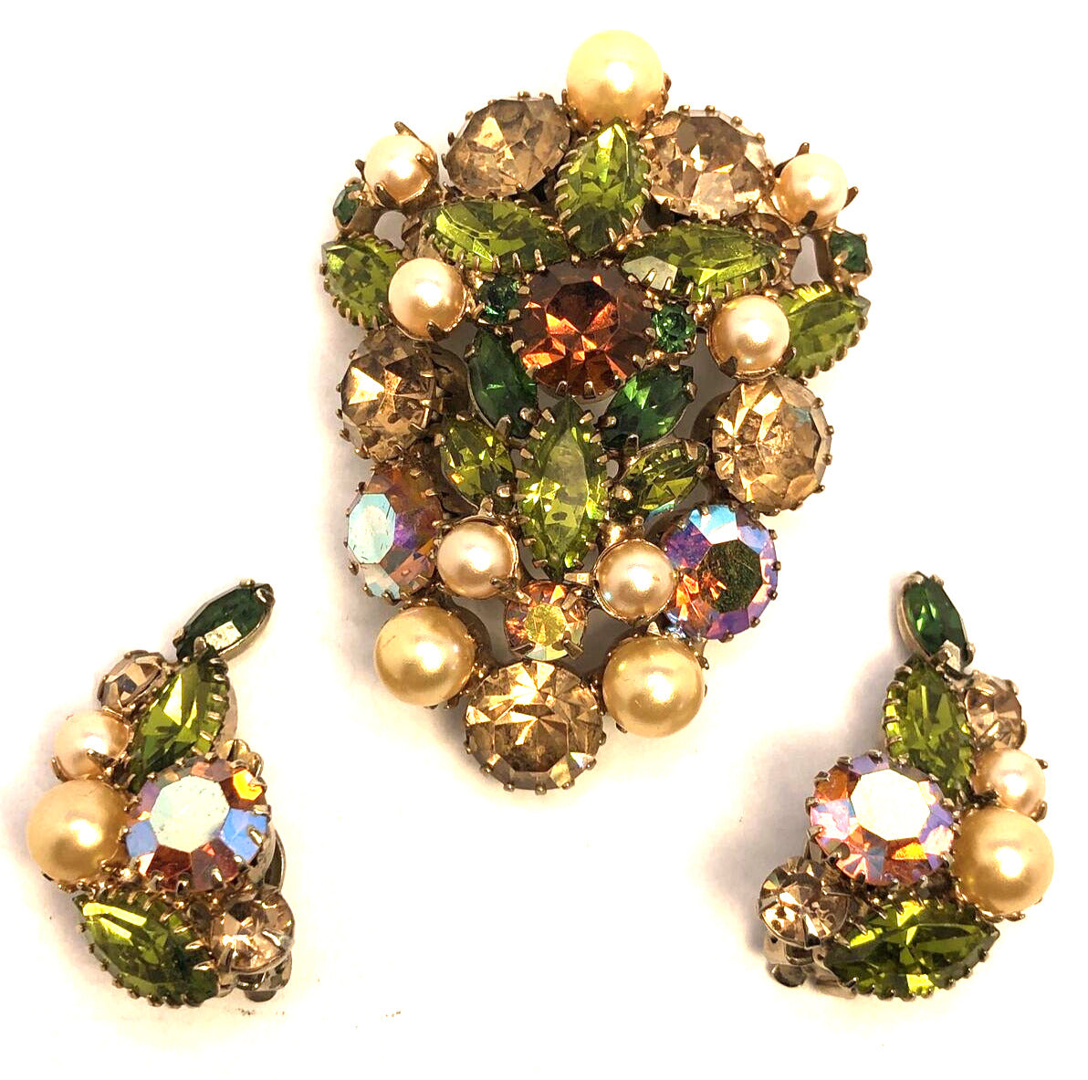 Mid Century Aurora Borealis Rhinestone Faux Pearl Statement Brooch & Earrings