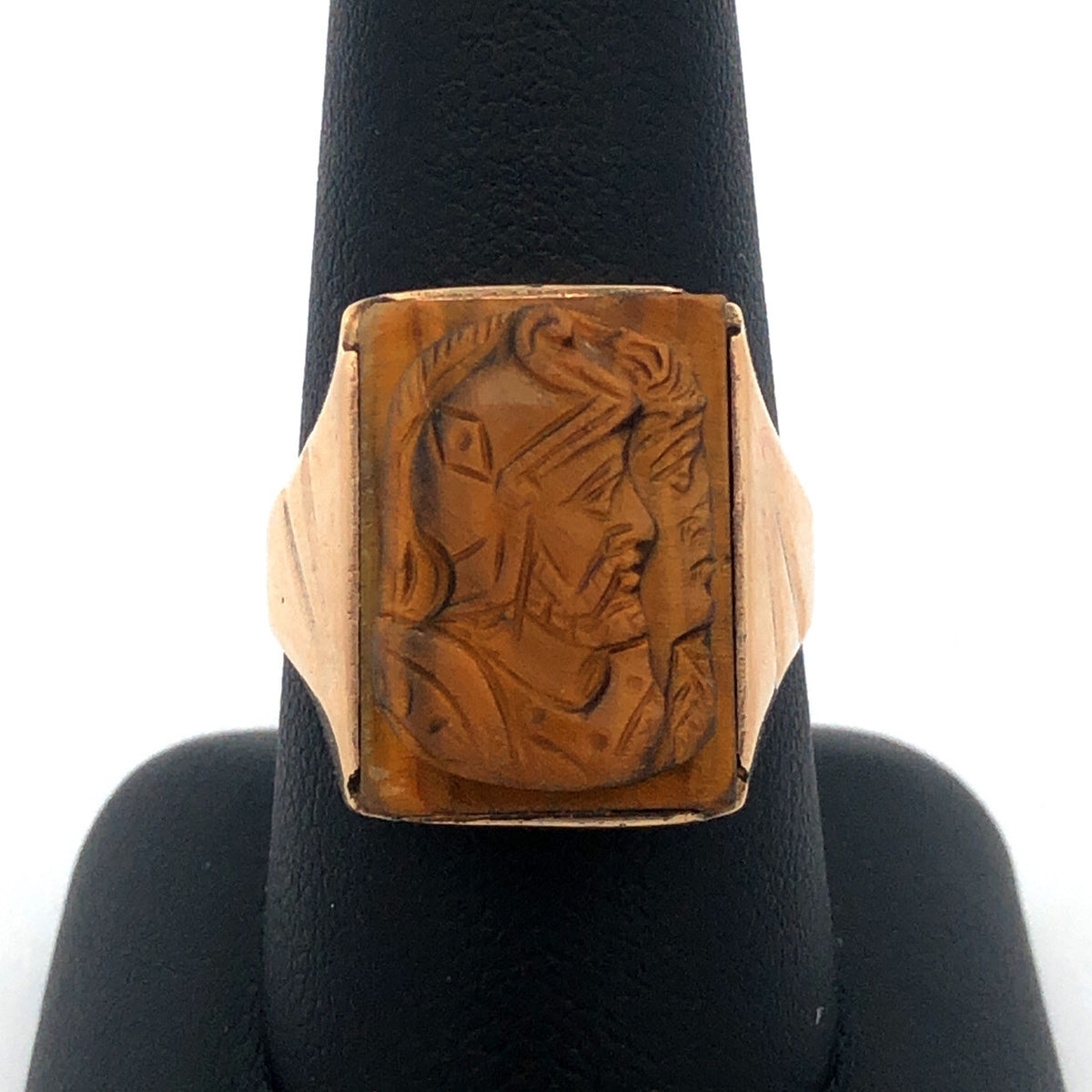 Vintage Men's 10K Yellow Gold Carved Intaglio Tiger's Eye Roman Textured Ring
