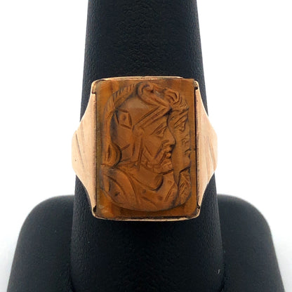 Vintage Men's 10K Yellow Gold Carved Intaglio Tiger's Eye Roman Textured Ring