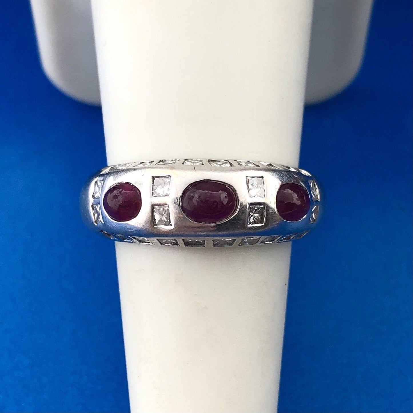 Art Deco Art Nouveau 18K White Gold Ruby Diamond July Anniversary Band Ring