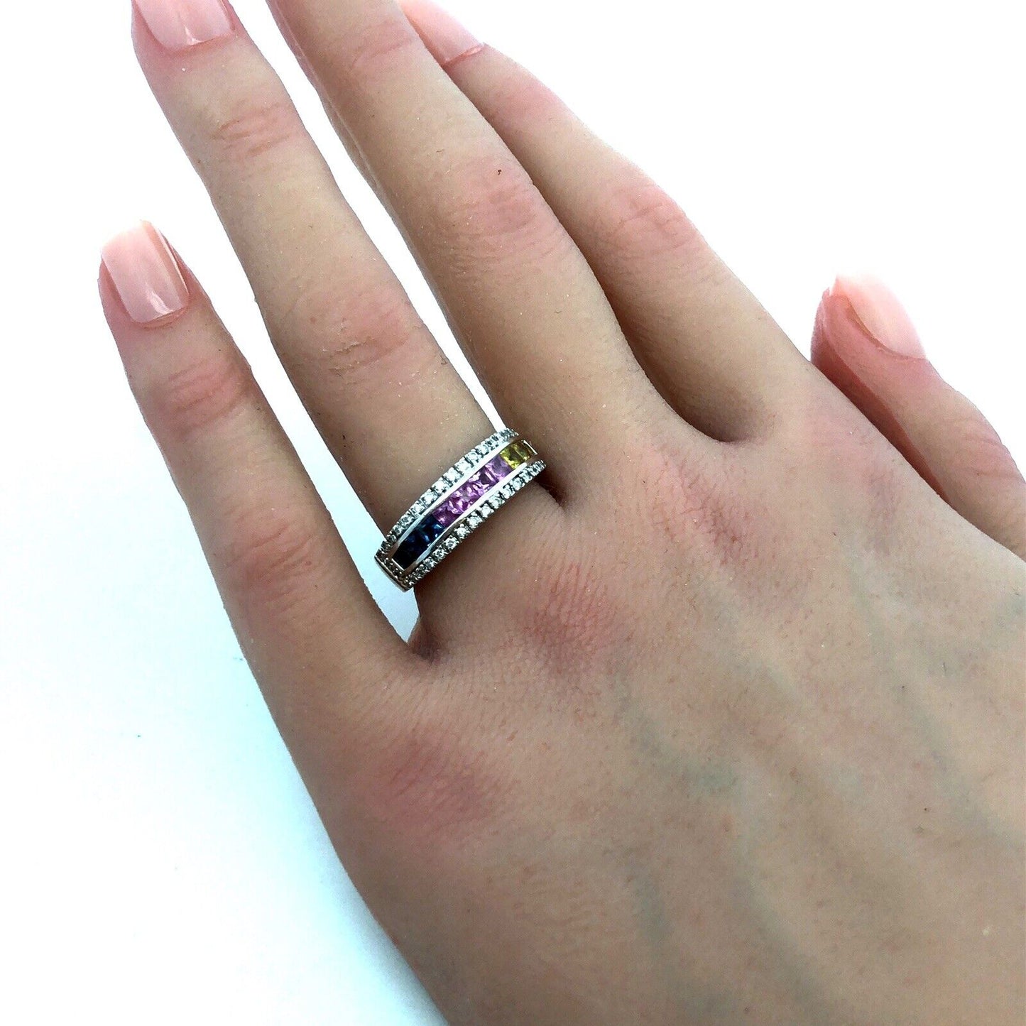 Designer 14K White Gold Multi Gemstone Diamond Mother's Anniversary Band Ring
