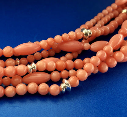 Fantastic Sterling Silver 925 Coral Silver Bead 7 Strand Statement Necklace