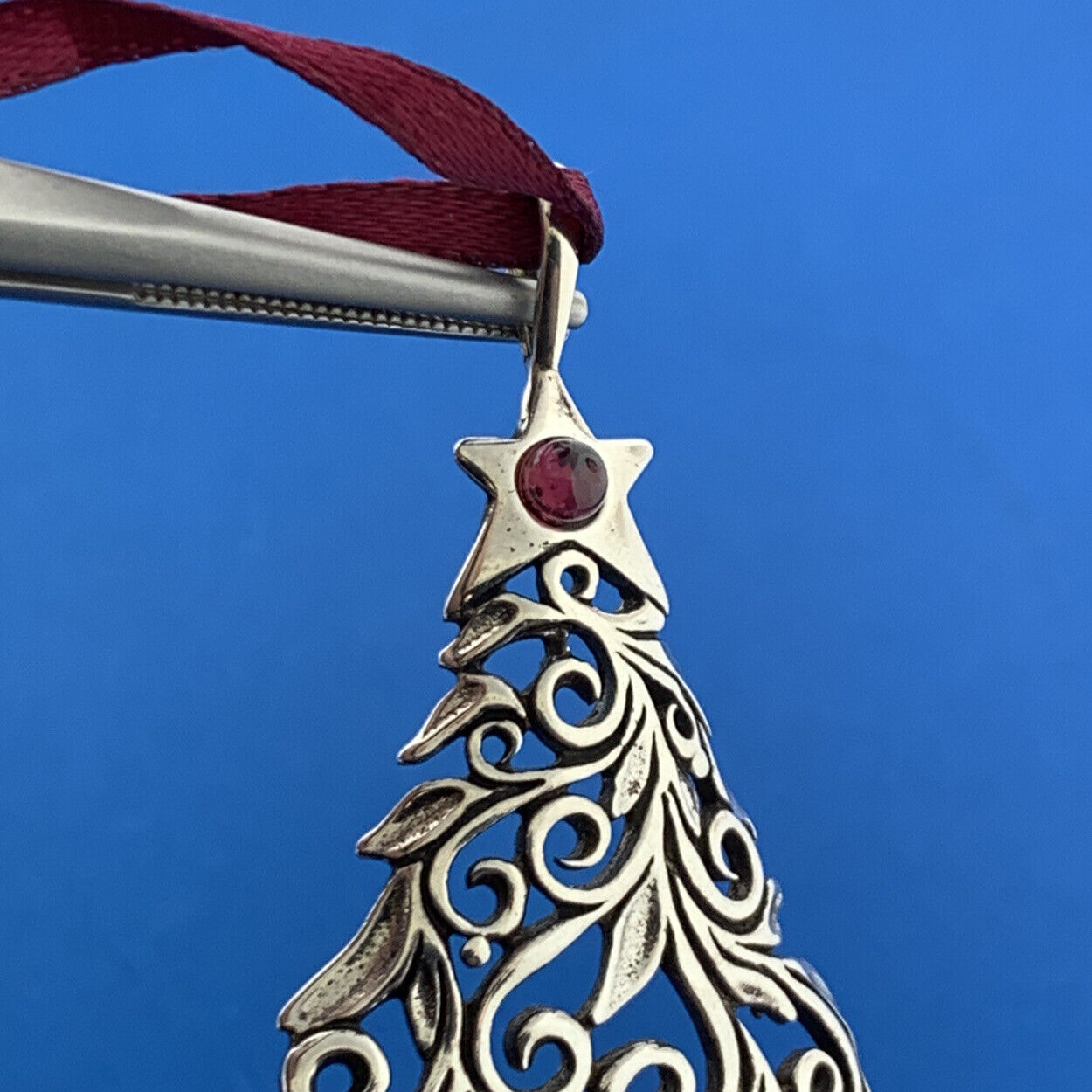 Designer Sterling Silver Amethyst Heart Scroll Christmas Tree Ornament Pendant