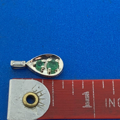14K White Gold Emerald Diamond Baguette Accented Pear Shaped Pendant