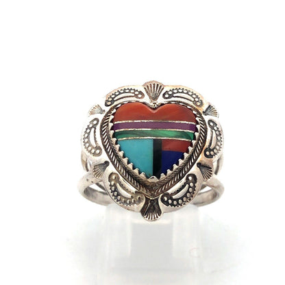 Quoc Turquoise Inc 925 Sterling Silver Mixed Gemstone Inlay Heart Concho Ring
