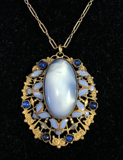 Vintage Bronze Toned Blue Enamel Rhinestone Glass Filigree Pendant Necklace