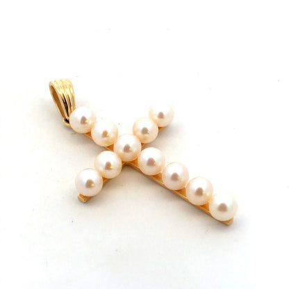 Designer 14K Yellow Gold Round White Pearl Cross Pendant