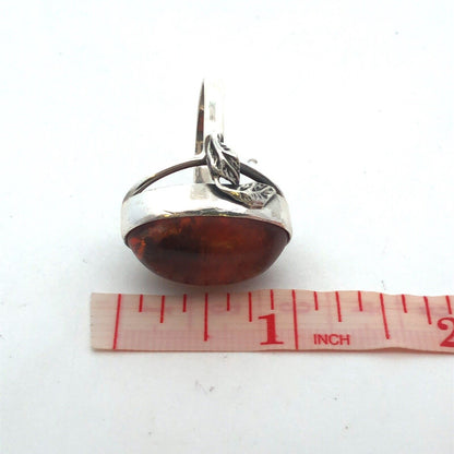925 Sterling Silver Vintage Oval Cabochon Amber Leaves Nature Statement Ring