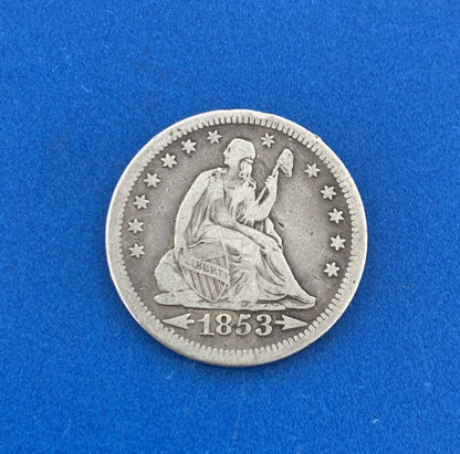 1853 25c Arrows & Rays Seated Liberty Quarter 90% Silver Rare Date Type Coin