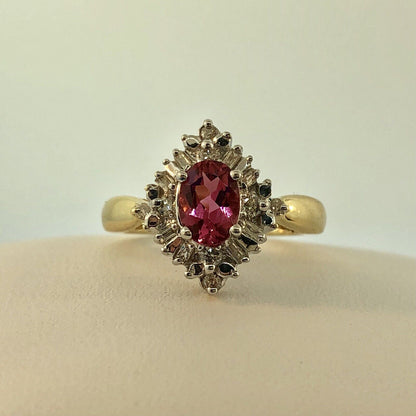 Stunning 14K Yellow White Gold Diamond Pink Tourmaline Engagement Occasion Ring