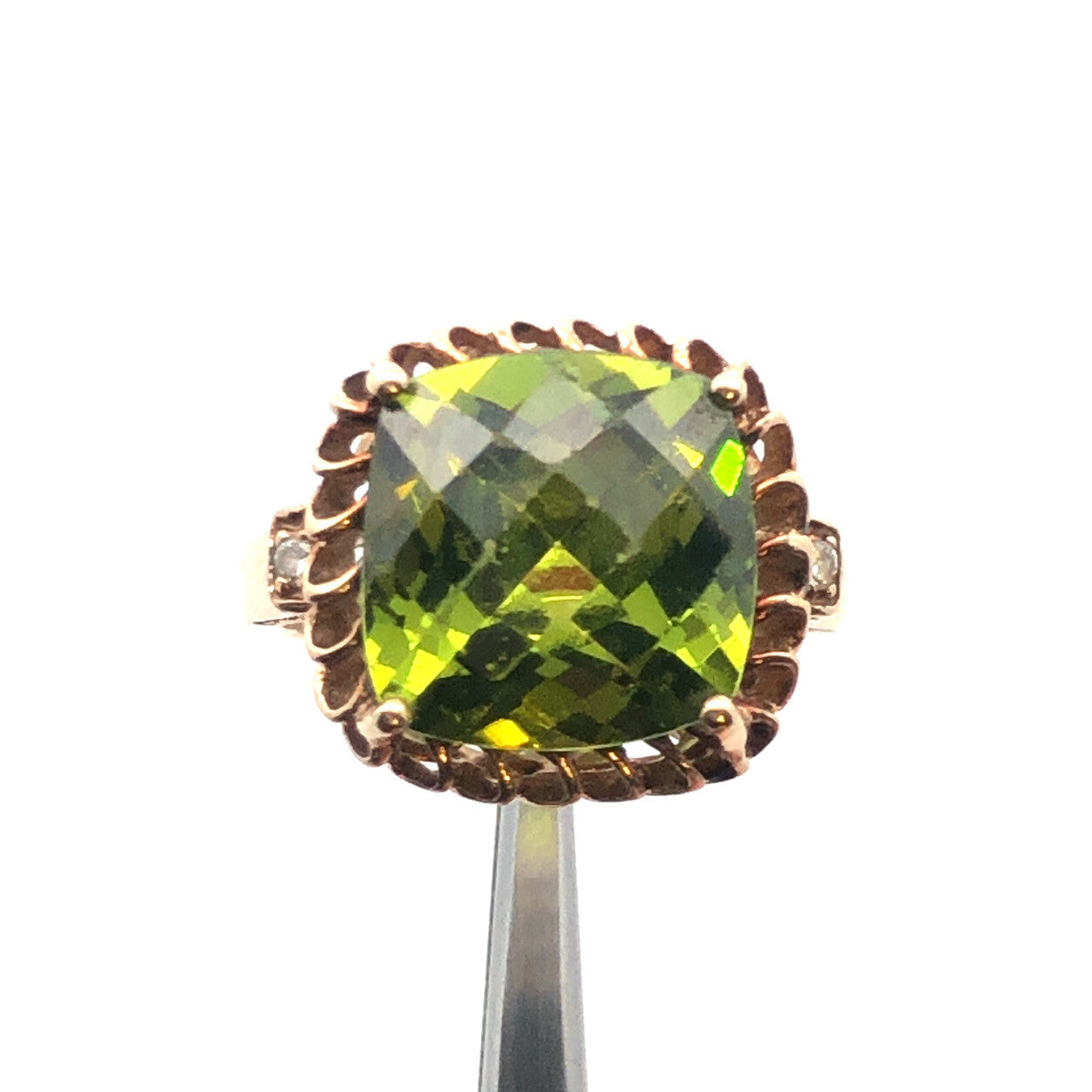 14K Yellow Gold Square Cushion Sparkling Chartreuse Green Cz Statement Dome Ring
