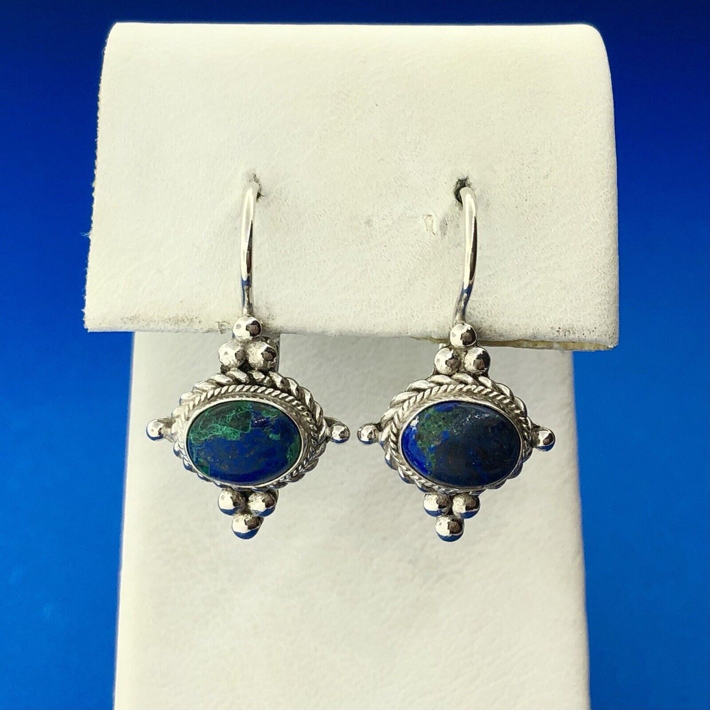 Designer FAS 925 Sterling Silver Oval Lapis Lazuli Balinese Style Earrings