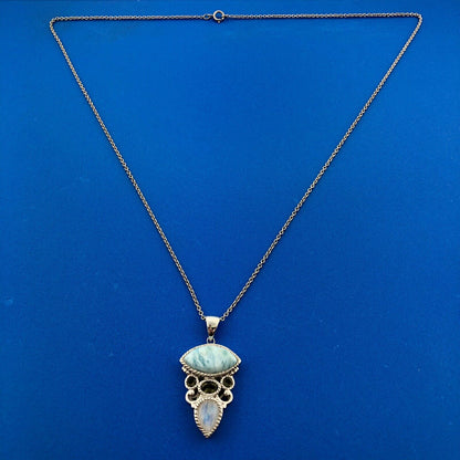 Designer Sterling Silver 925 Blue Agate Peridot Moonstone Drop Pendant Necklace