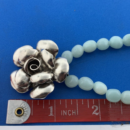 Vintage Sterling Silver Aventurine Beaded Flower Pendant Double Strand Necklace