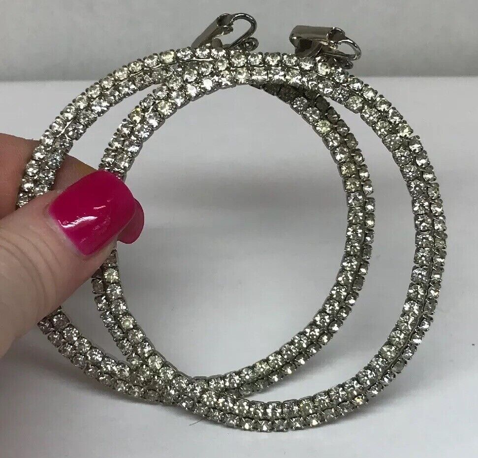Haute Couture Runway Silver Tone Bezel Set Rhinestone Statement Hoop Earrings