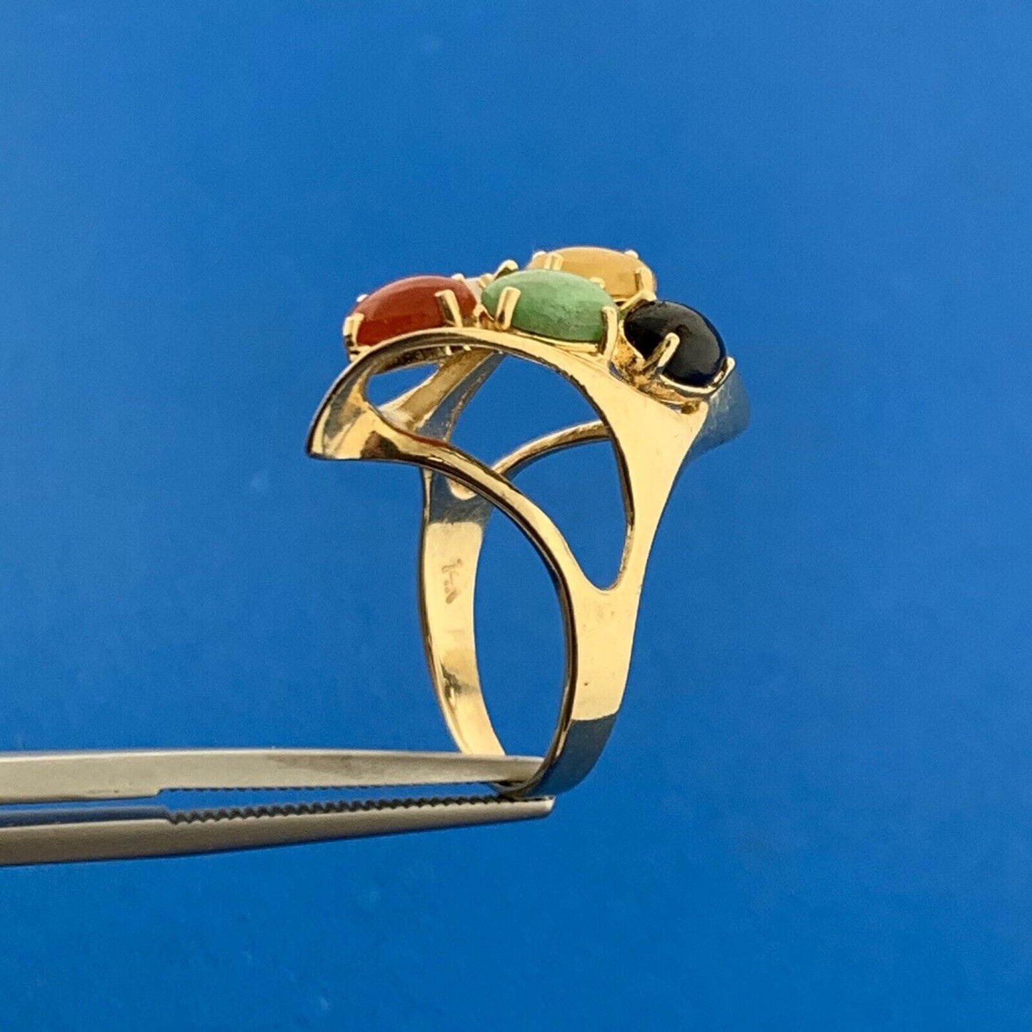 Vintage 14K Yellow Gold Multi Gemstone Modernist Twist Cocktail Finger Ring