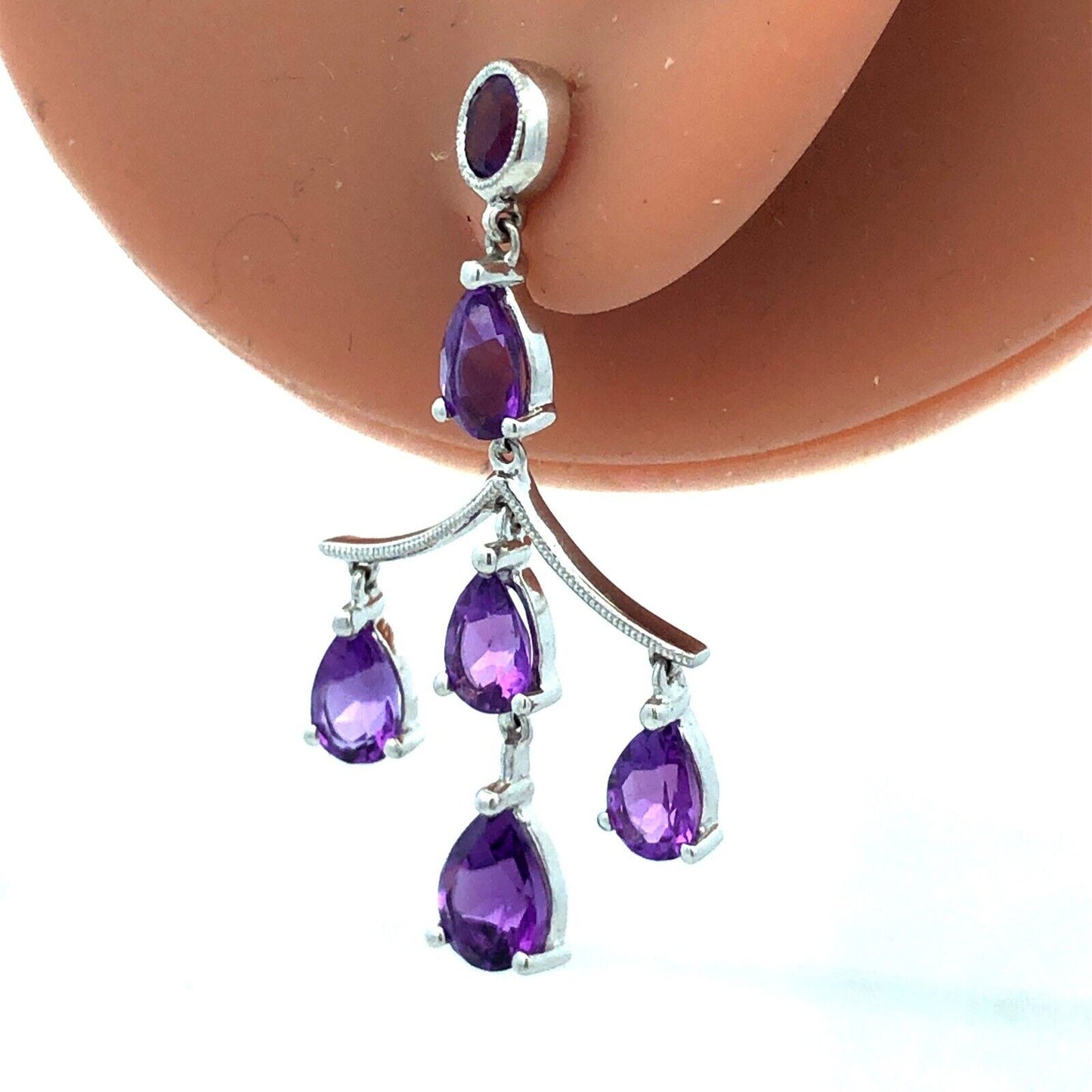 14K White Gold Designer Pear Round Amethyst Chandelier Stud Dangle Earrings