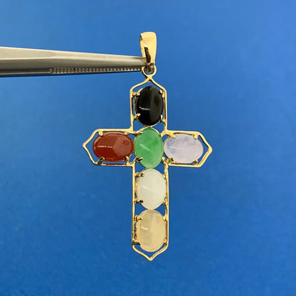 14K Yellow Gold Jade Onyx Coral Multi Gemstone Cabochon Cross Pendant