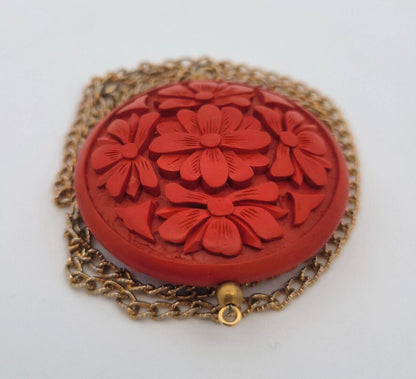 Vintage Gold Tone Carved Red Resin Faux Cinnabar Necklace Earrings 3 Piece Set