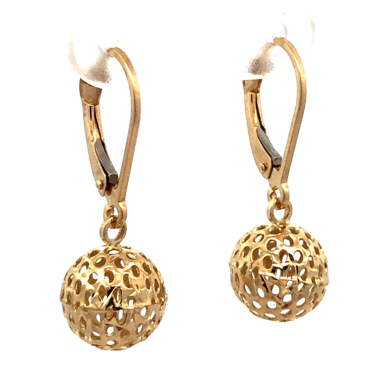 Designer RL 14K Yellow Gold Open Work Round Ball Drop Dangle Leverback Earrings