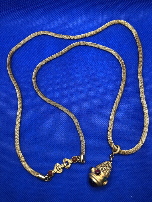 Vintage Gold Tone Multi Color Glass Cabochons Tubular Mesh Pendant Necklace