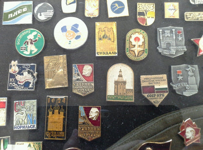 VINTAGE SOVIET UNION USSR RUSSIAN PIN COLLECTION WITH RUSSIAN MILITARY CAP