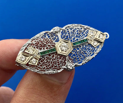 Art Deco 14K White Gold Diamond Emerald Floral Filigree Bar Pin Brooch Pendant