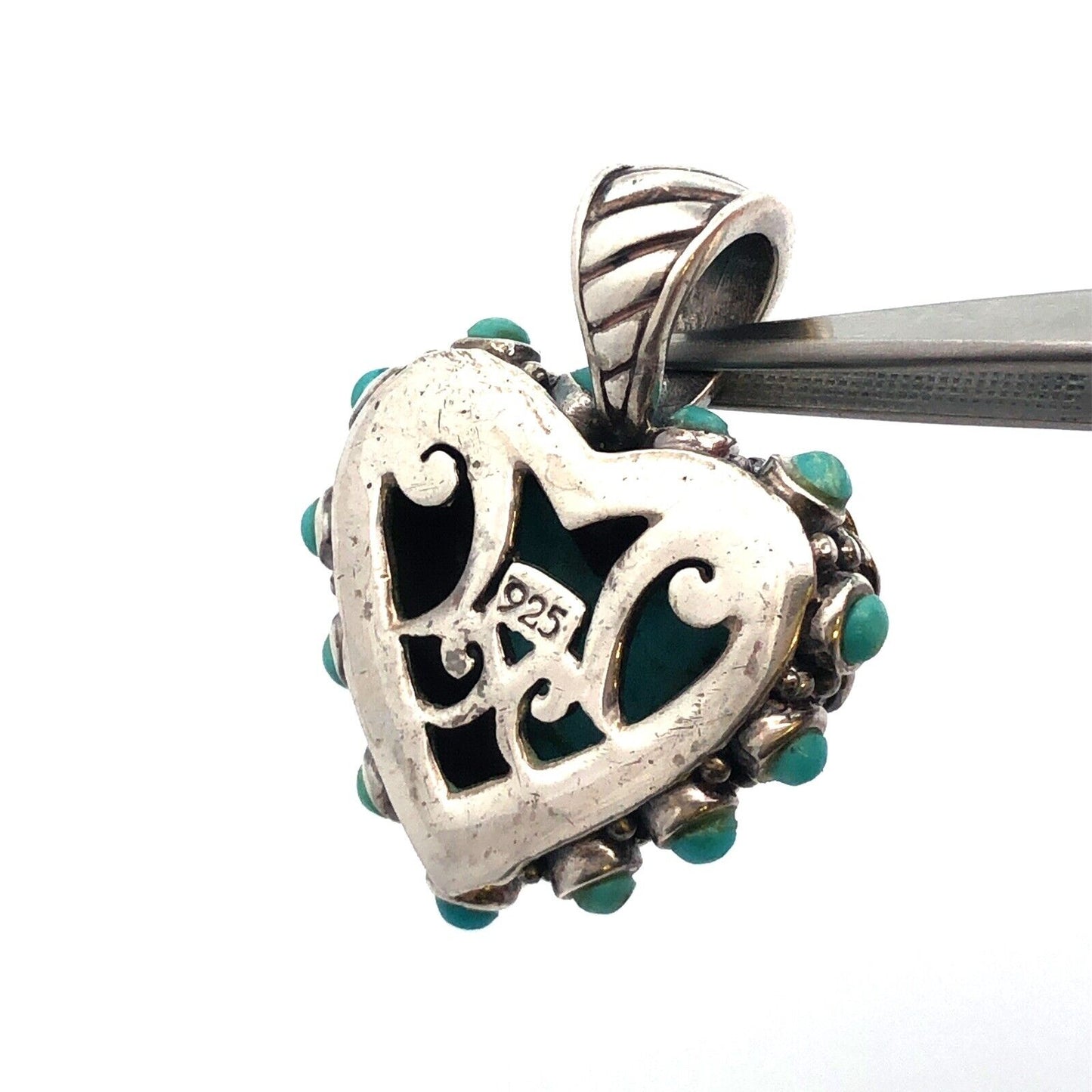 Native American 925 Sterling Silver Turquoise Heart Cabochon Statement Pendant