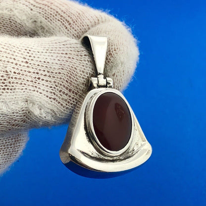 Estate Taxco TR-126 Sterling Silver 925 Oval Red Carnelian Triangle Drop Pendant