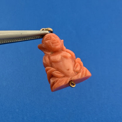 Gorgeous 10k Yellow Gold Carved Coral Meditation Praying Monk Dangle Pendant