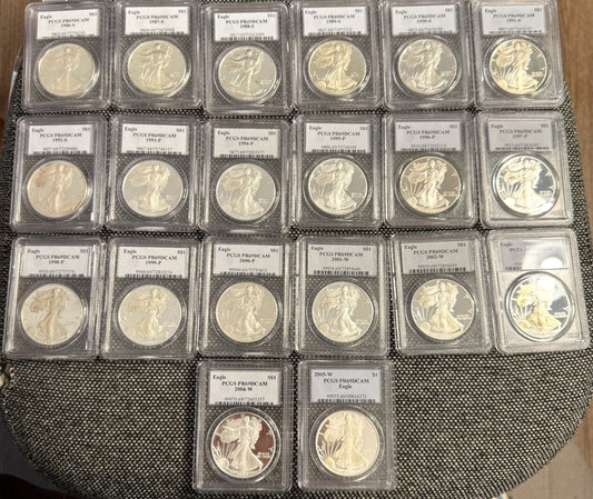1986-2005 $1 American Silver Eagle 1 oz PF PR69 DCAM UCAM PCGS 20 Coin Set