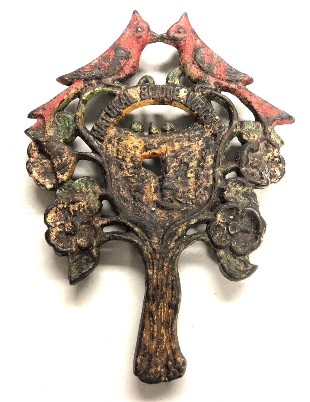 Vintage Painted Cast Iron Natural Bridge Va Red Bird Tree Rustic Hot DishTrivet