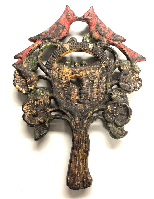 Vintage Painted Cast Iron Natural Bridge Va Red Bird Tree Rustic Hot DishTrivet