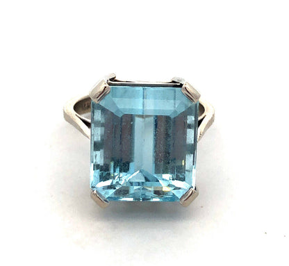 14K White Gold Large Emerald Cut Blue Topaz Solitaire Statement Ring