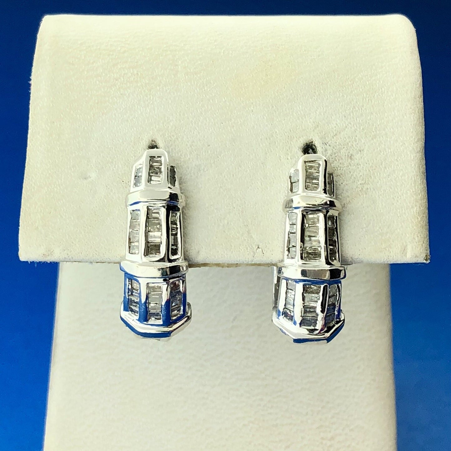 Stunning 14K White Gold Diamond J Hoop Omega Back Wedding Occasion Earrings
